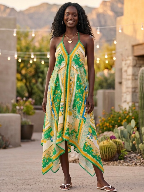 Flying Tomato Dresses & Skirts - Green Yellow Floral Halter Asymmetrical Maxi Dress | Open Back Scarf Print